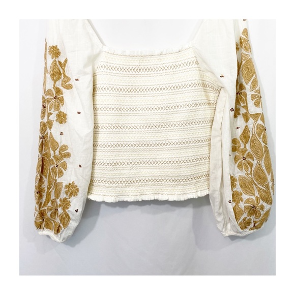 Anthropologie Neutral Smocked Embroidered Ballon Sleeve Blouse Top - Picture 9 of 12